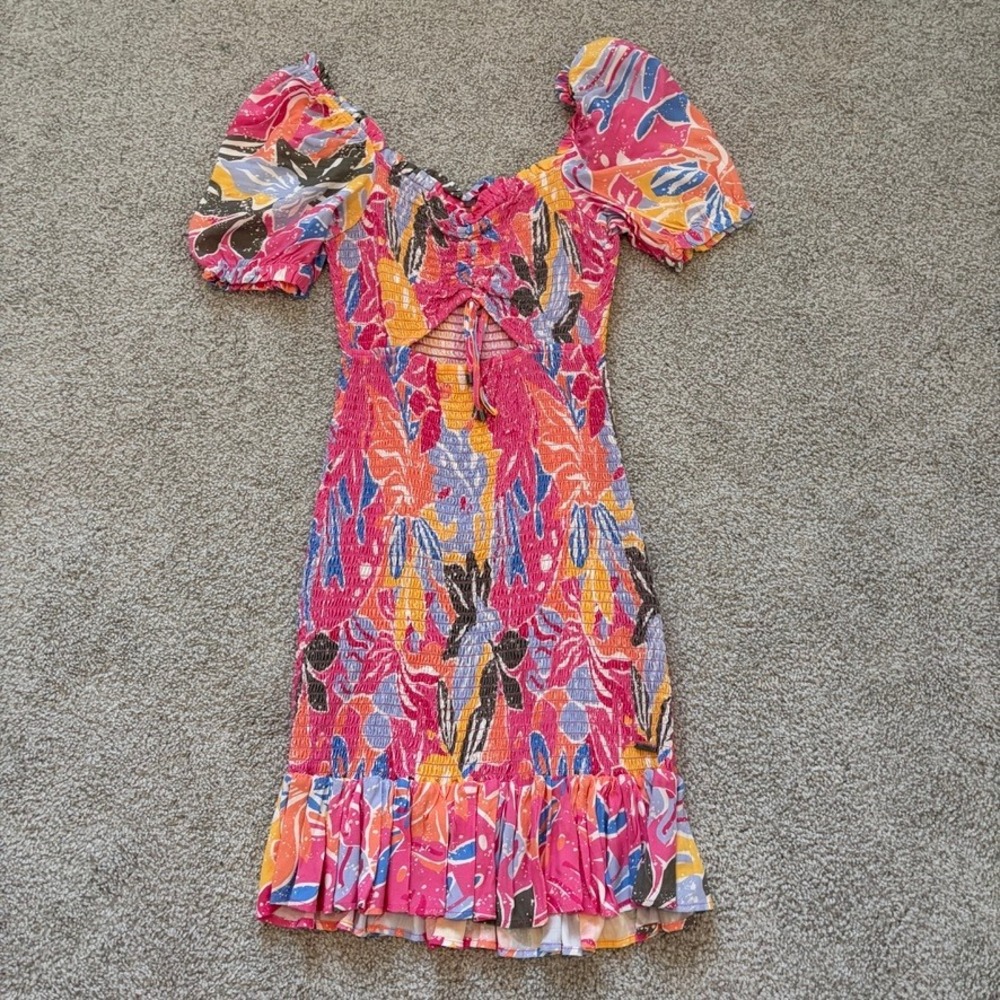 Maaji Clarissa Mini Dress Womens S Pink Tropical Ruched Smocked Resort Vacation